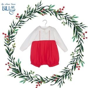 Luli & Me Classic Red Christmas Smocked Baby Romper